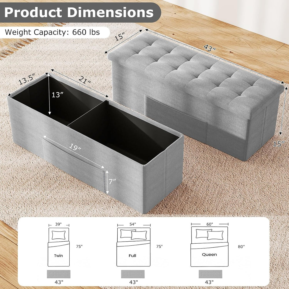 GOFLAME 43 Inches Folding Storage Ottoman Bench, Linen Fabric End of Bed Benc...