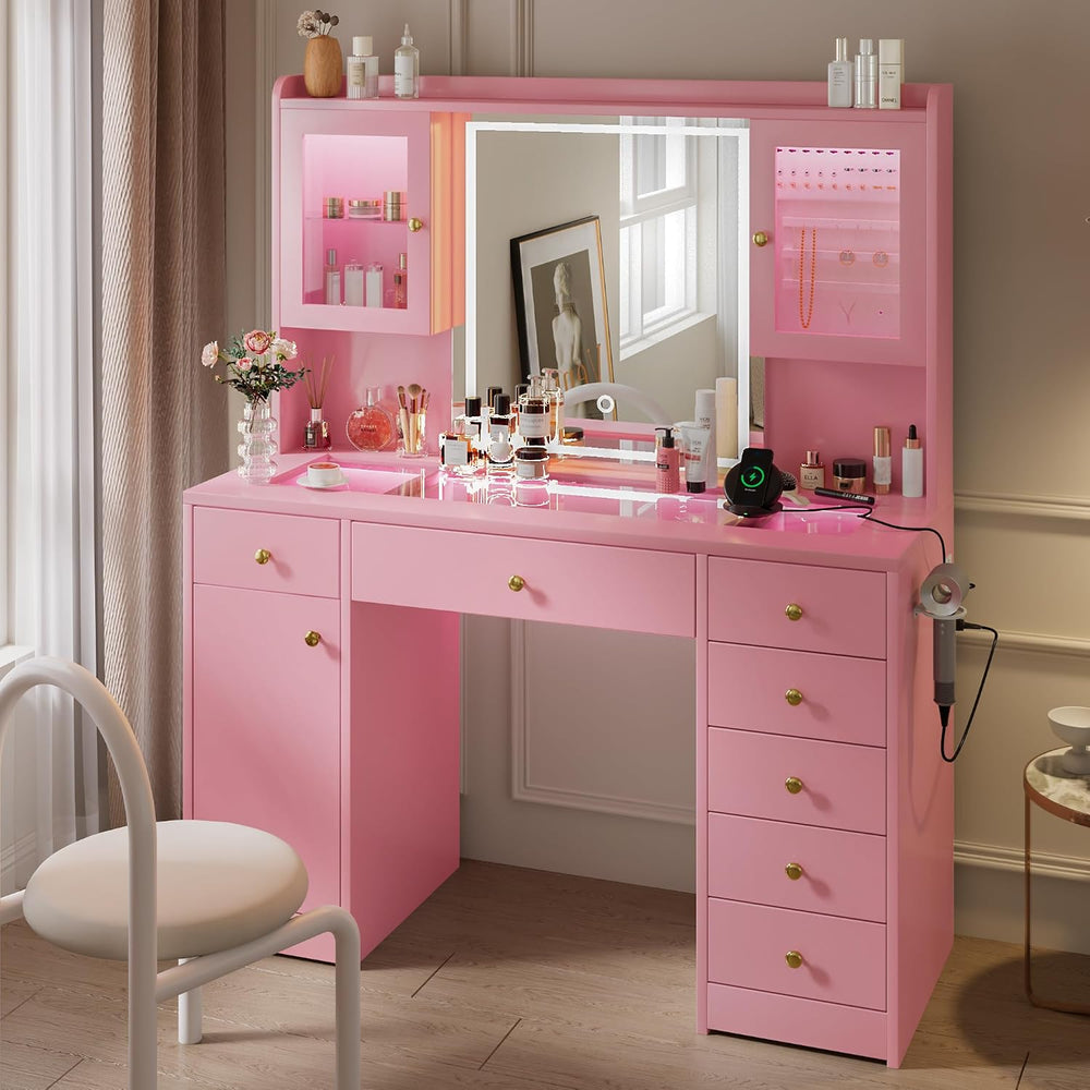 iPormis Vanity Desk with Mirror and Lights, Glass Top Makeup Vanity with RGB ...