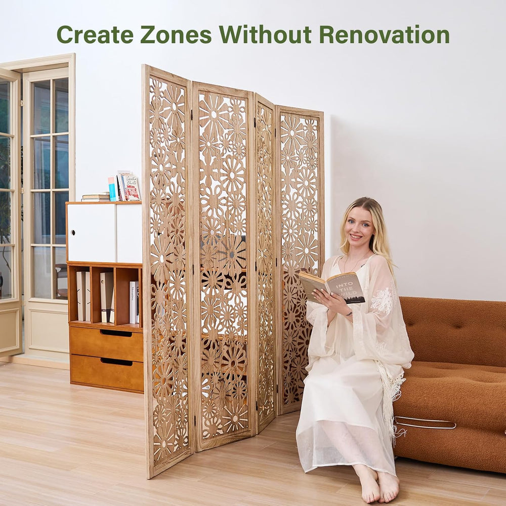 Folding Wood Room Divider Panel, 67 Inch Tall Daisy-Carved Privacy Screen - N...