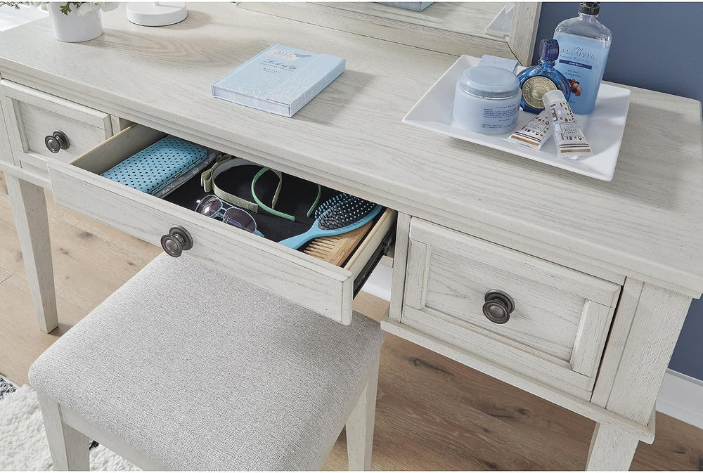 Signature Design by Ashley White Vanity Desk with Mirror and Bench | Makeup v...