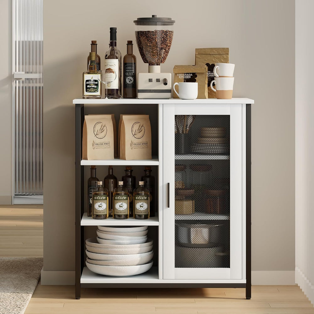 LVSOMT Coffee Bar Cabinet with Adjustable Shelves and Door, Rustic White | 27...