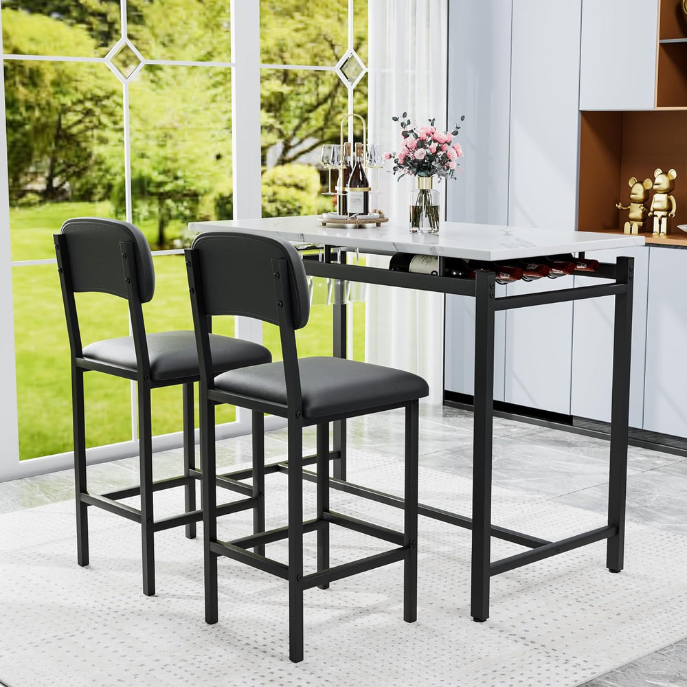 47" 3 Piece Bar Table Set with 2 Padded Chairs for Small Spaces Black | ...