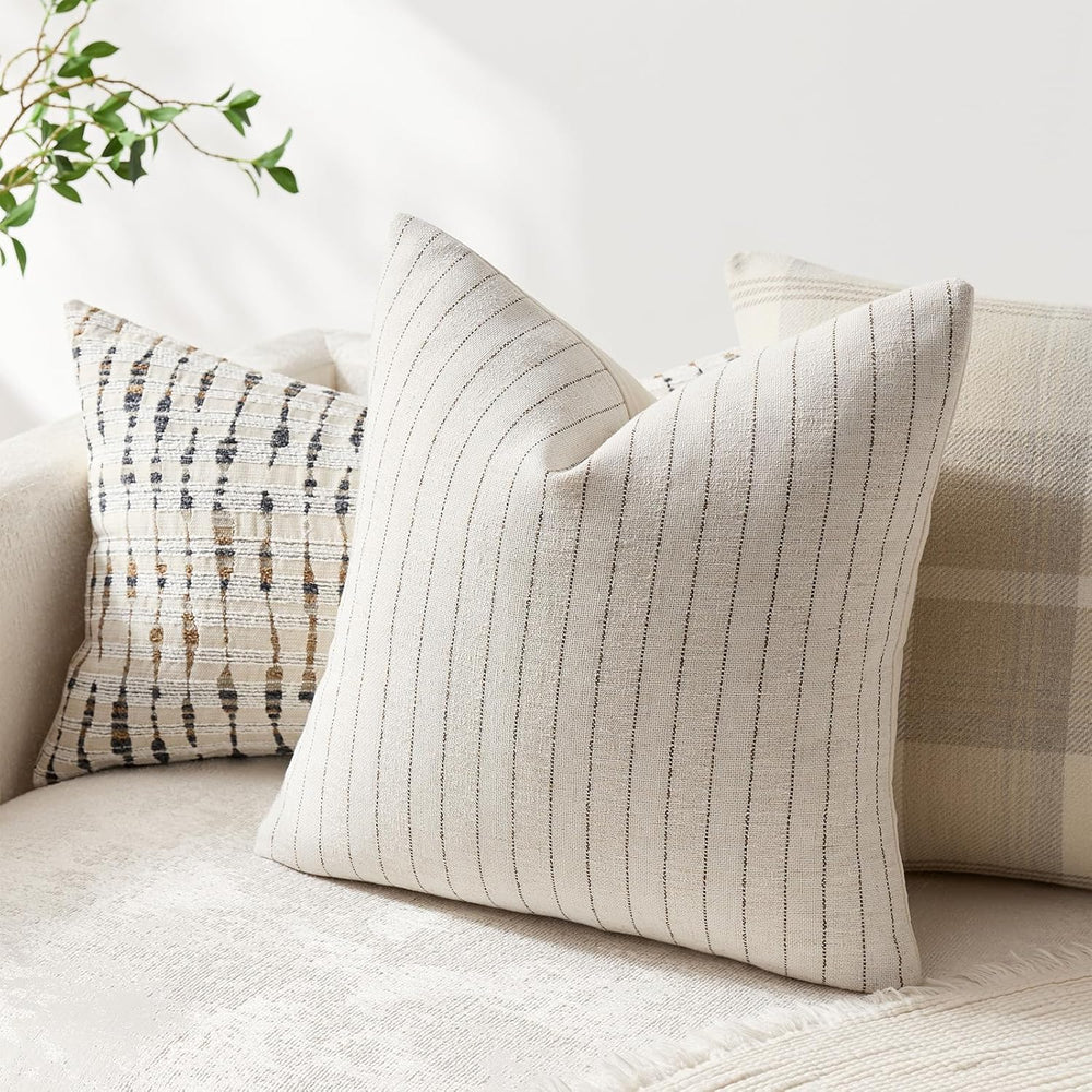 DEZENE Pack of 2 Linen Striped Throw Pillow Covers 26x26 Neutral Euro Sham Co...