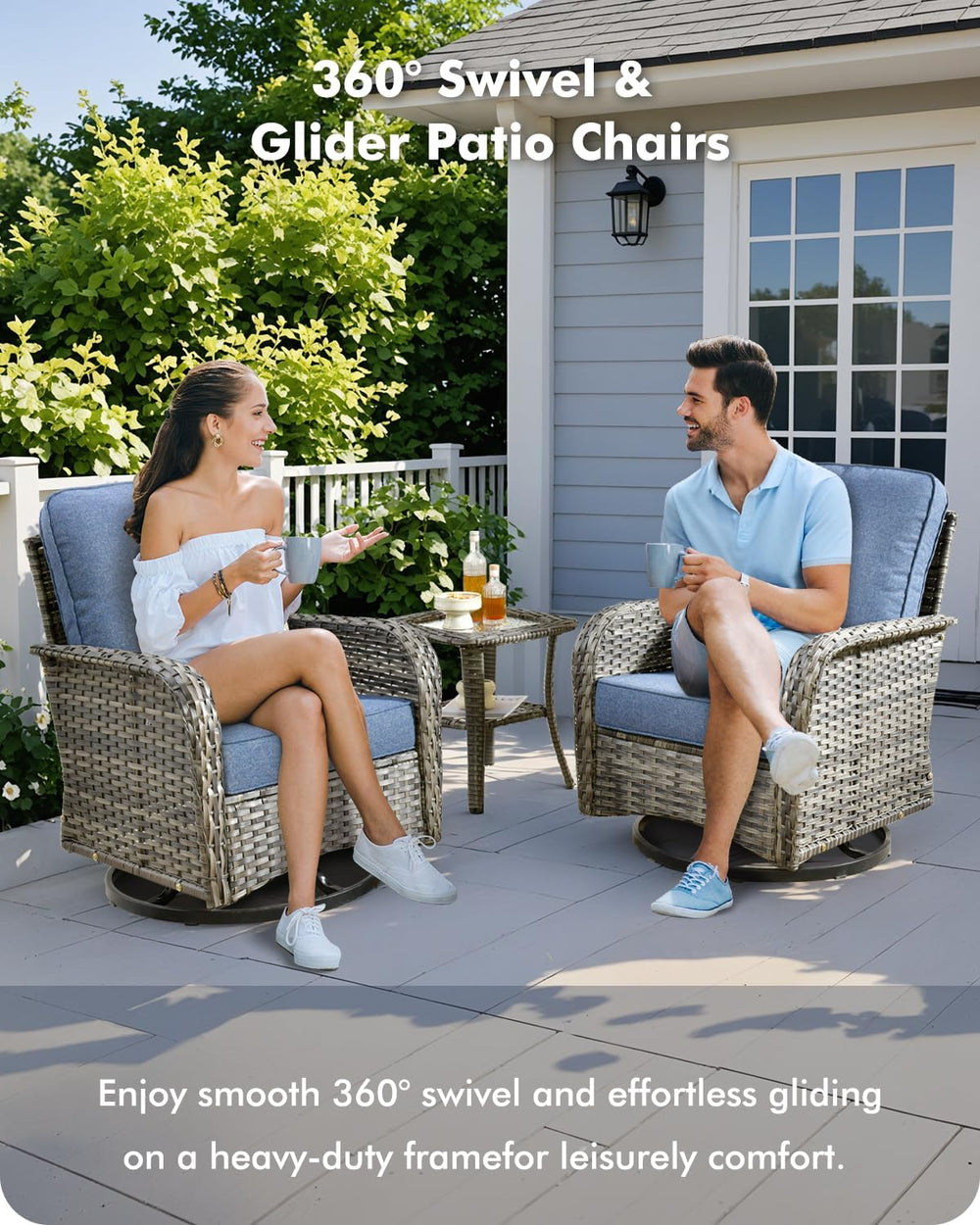 CAODOC 3-Piece Swivel Rocking Rattan Chair Outdoor, Patio Bistro Furniture Co...