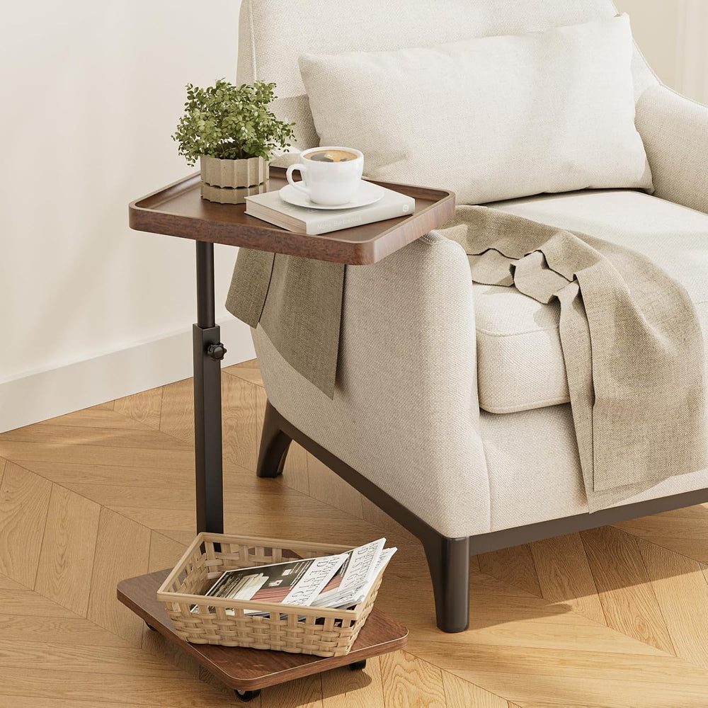 TV Tray Table Set of 2, C Shaped Adjustable End Side Table(Brown)