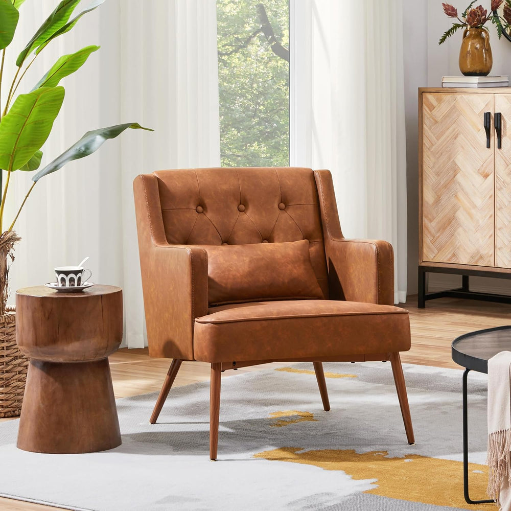 Yaheetech Accent Chair, Mid-Century Modern Armchair, Retro Brown | Faux Leath...