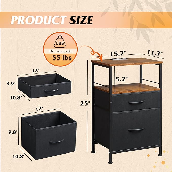 WLIVE Nightstands Set of 2, Night Stand Set 2 with Charging Station, Bedside ...