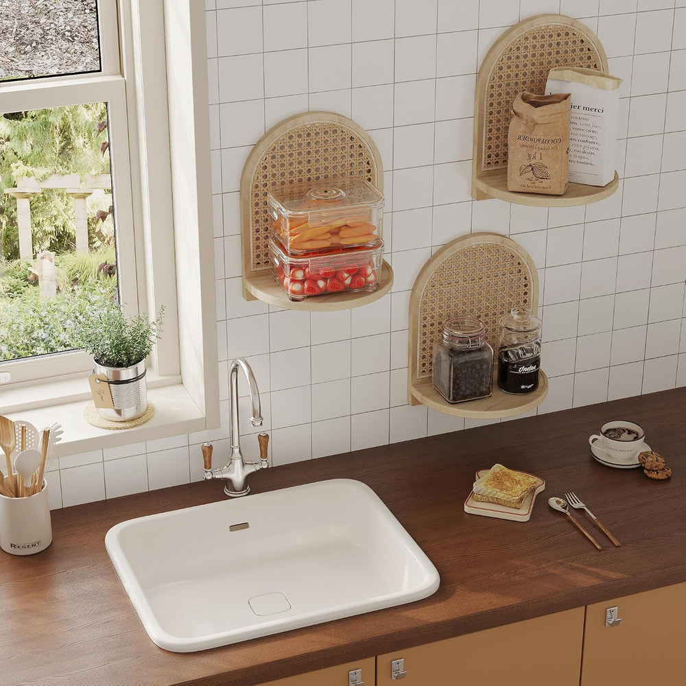 Rattan Wall Shelf Set of 3, 7''Natural Rattan Shelves with Wicker Dec...