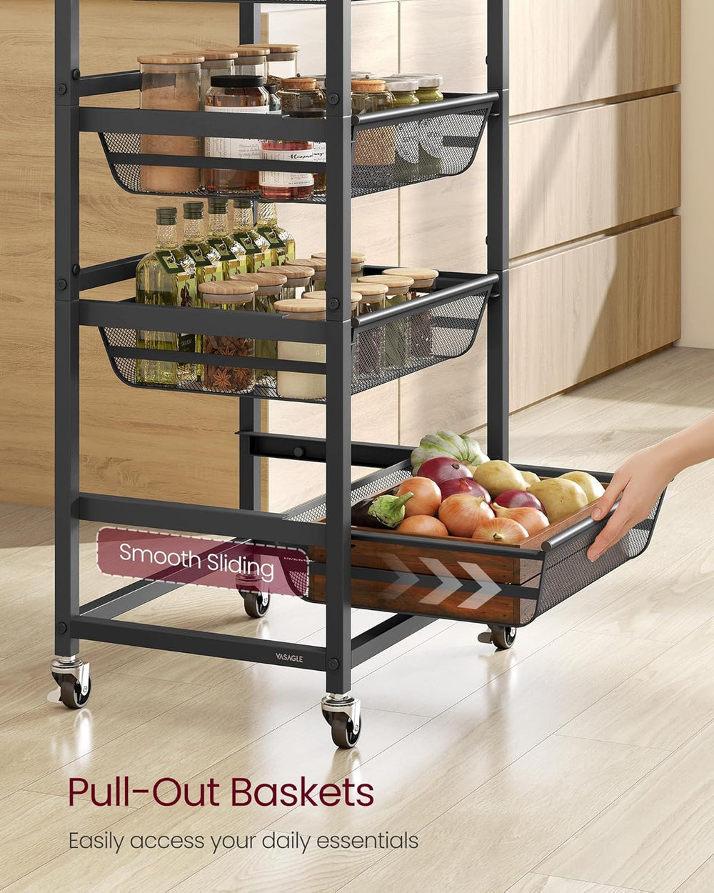 VASAGLE Storage Rolling Cart with Pull-Out Baskets, 5-Tier Utility Cart Orgni...