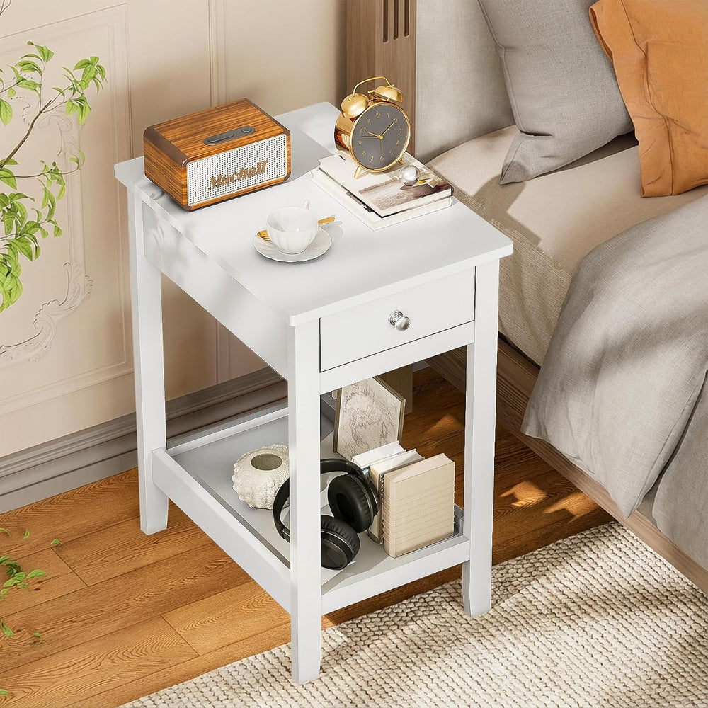 SEJOV End Table Set of 2, Narrow Night Stand with Drawer and Shelves, 2-Tier ...
