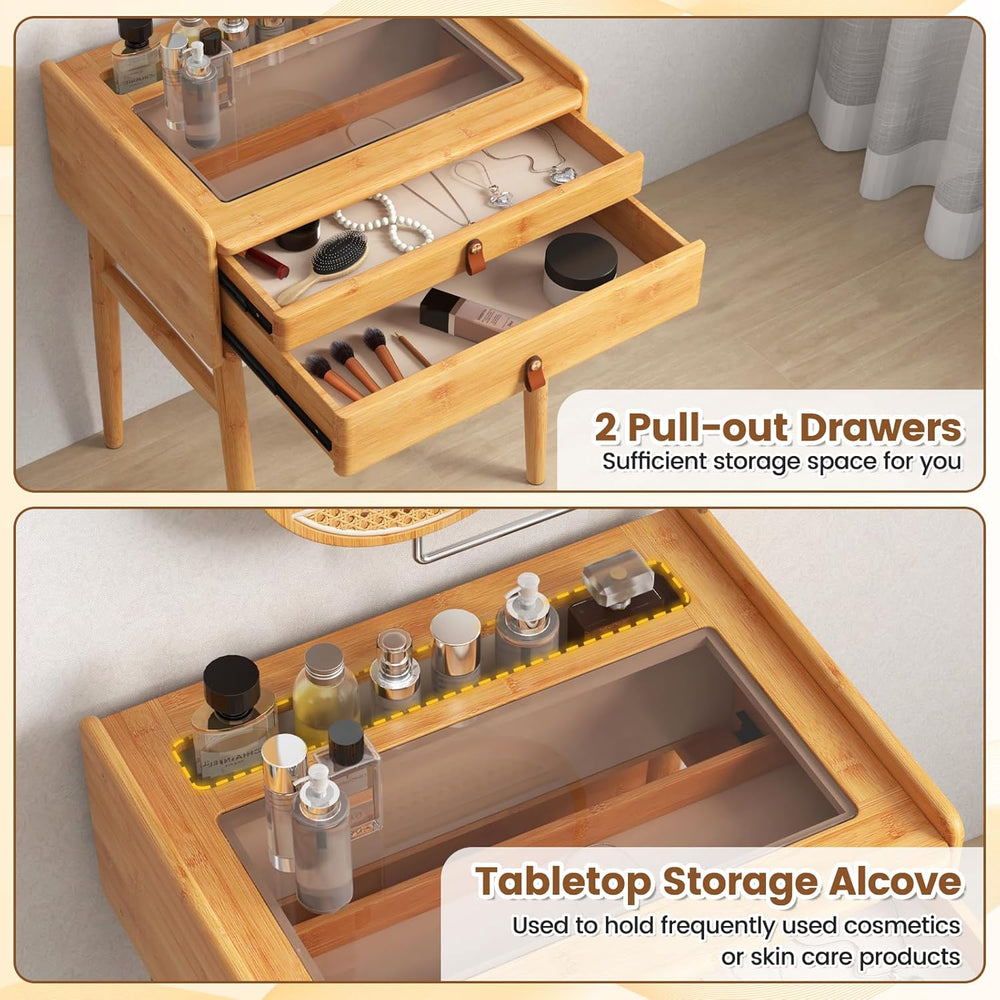 COSTWAY Bamboo Vanity Desk with Adjustable Round Mirror and 2 Drawers | Makeu...