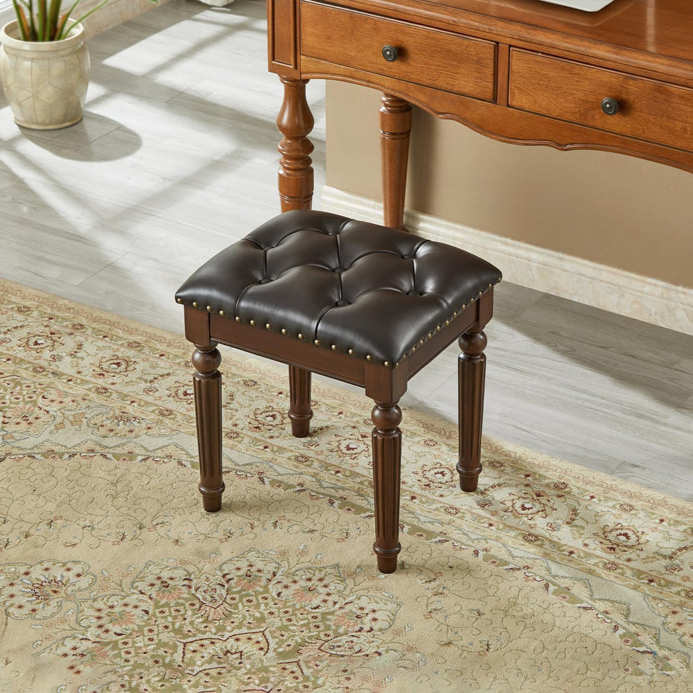 LOFFBOM Vanity Bench Seat, Solid Wood Vintage Vanity Stool (Dark Brown) | Sol...