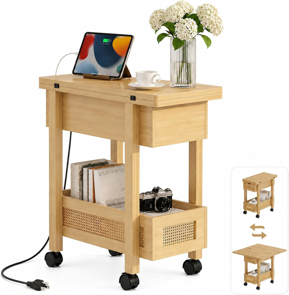 YOSHOOT Narrow End Table with Charging Station, Small Bedside Table