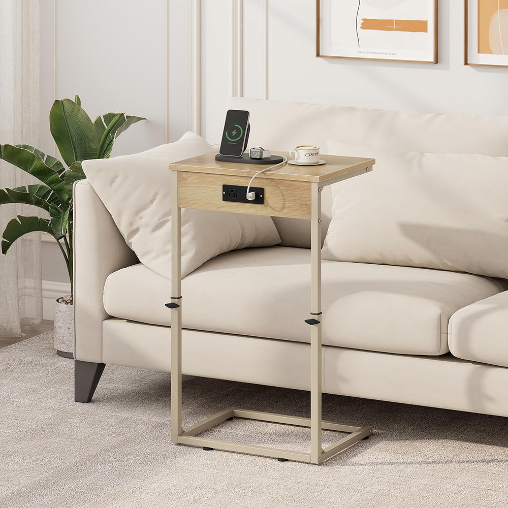 Vagusicc C Shaped End Table with Charging Station, Adjustable Height Side Tab...