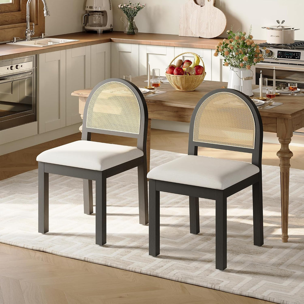 Upholstered Rattan Dining Chairs Set of 4, Farmhouse Wooden Kitchen Chairs