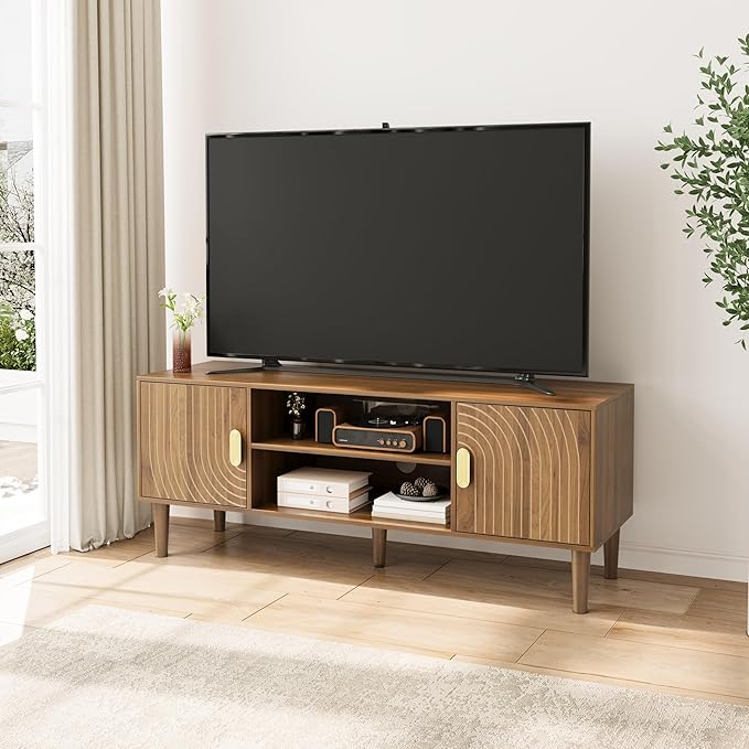 Smuxee Walnut TV Stand with Line Groove Design, 47.2" Mid Century Modern...