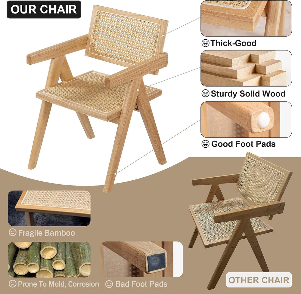 Comfy to go Cane Dining Chair with Arms Set of 4, Solid Wood Tone Frame