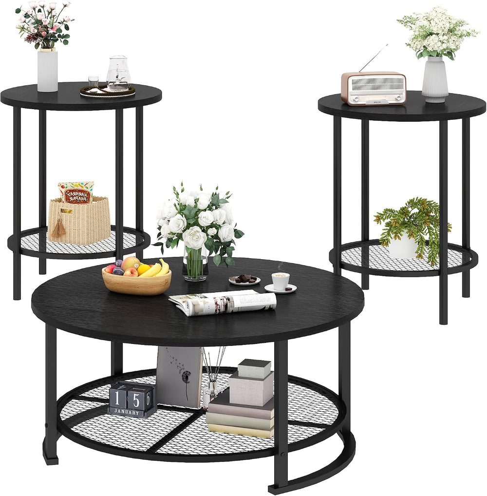 DKLGG 3-Piece Coffee Table and End Table Sets for Living Room, Round Coffee T...