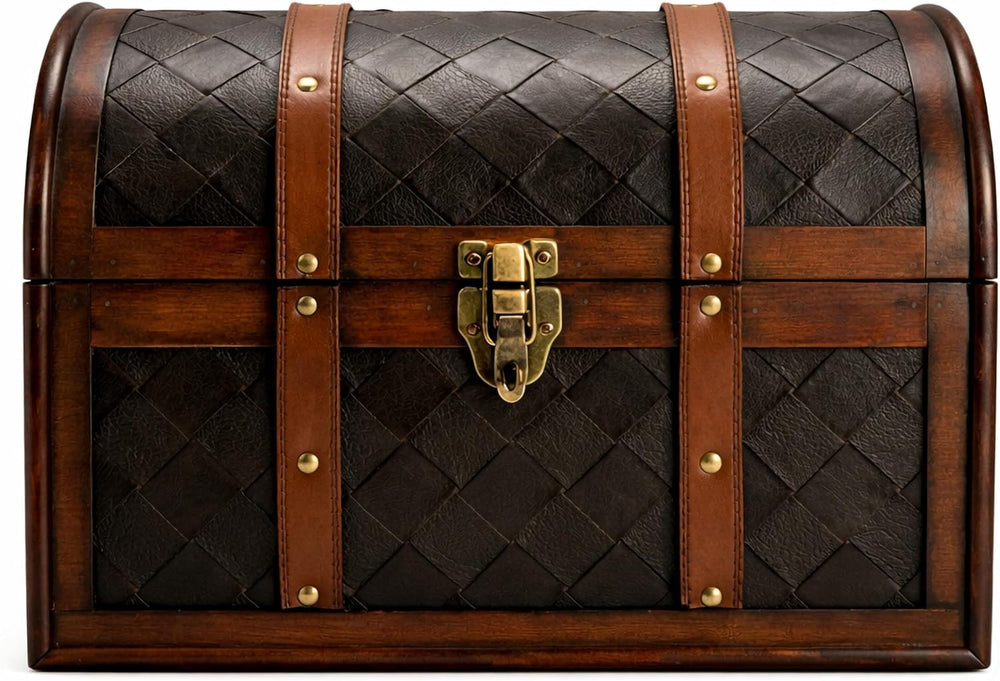 Vintiquewise Wooden Leather Treasure Chest Vintage Trunk, Small Storage Chest...