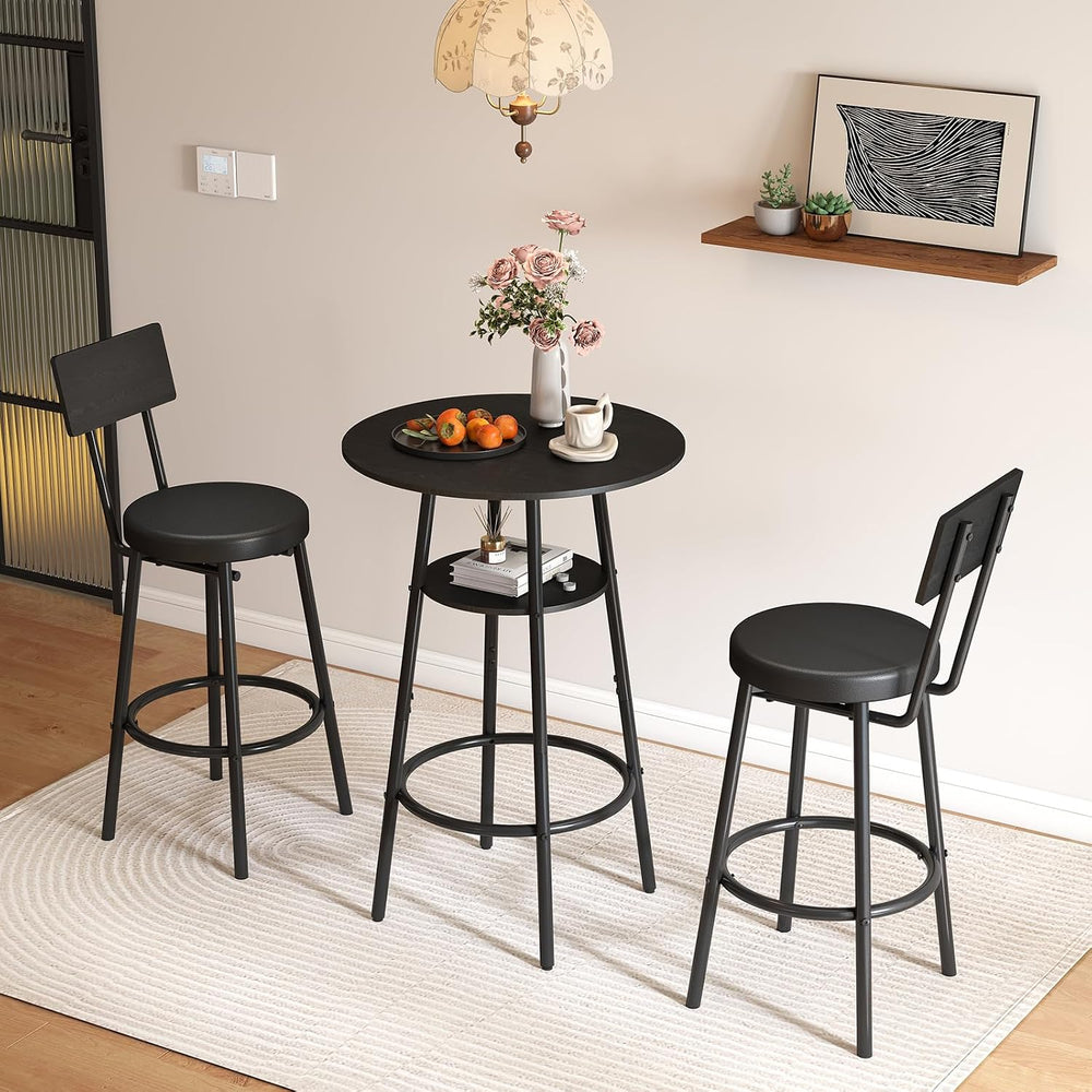 Kiivakii 3 Pieces Round Bar Table Set, Pub Table and Chairs Set of 2-Black