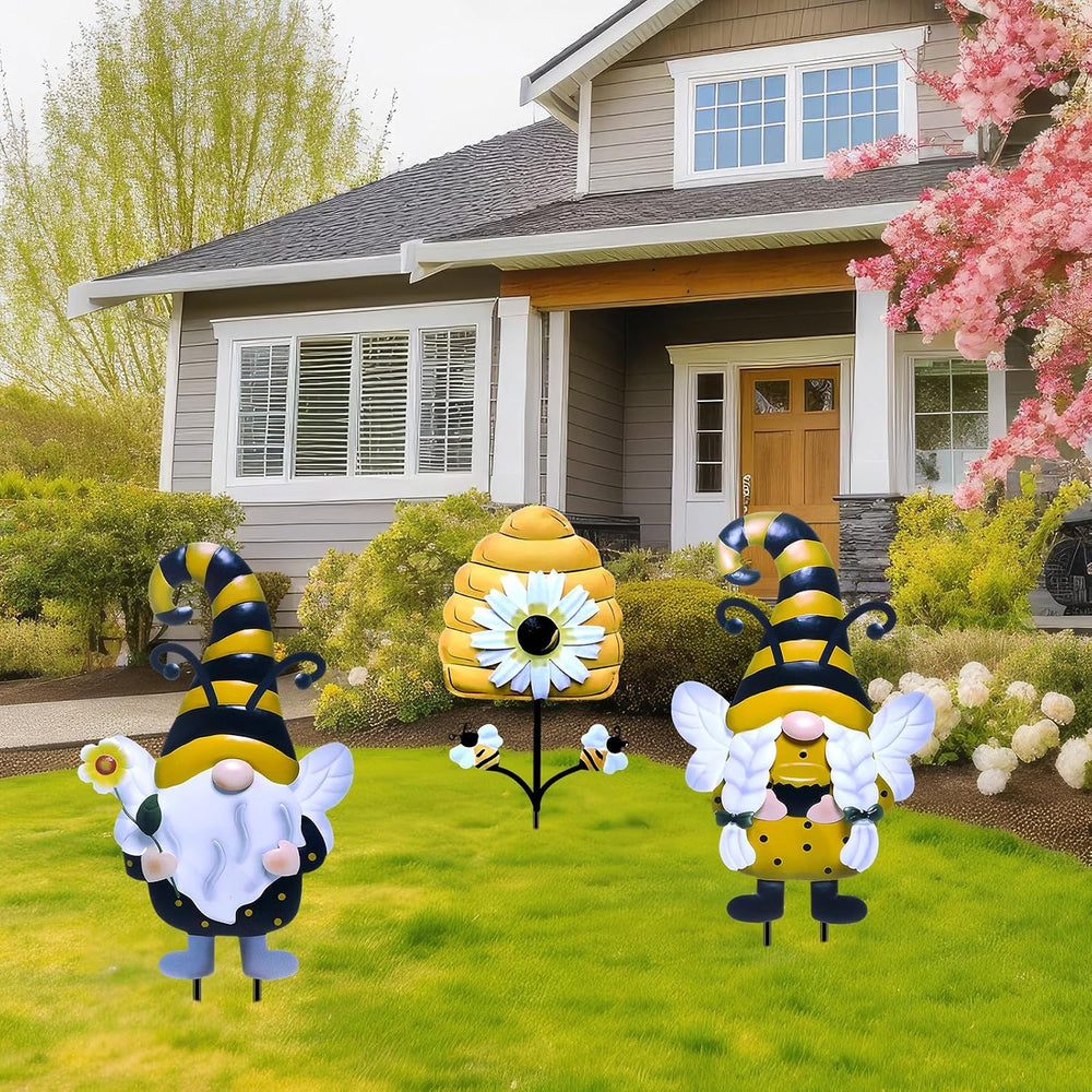 Cinnvoice 3 Pcs Metal Gnome Yard Stakes Bee Spring Garden Decor 25.4"