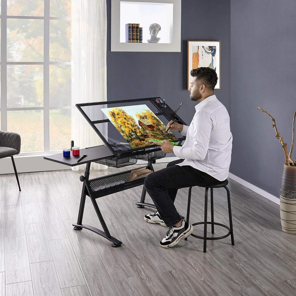 Yaheetech Adjustable Drafting Table & Stool, Tilting Glass Art Desk, Blac...