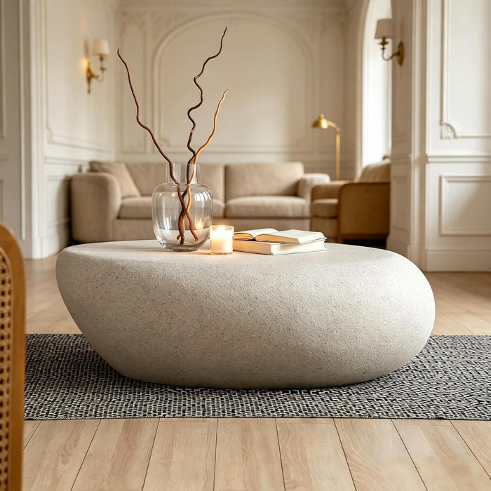 Oval Coffee Table, 43” Oval Faux Stone Center Table, Accent Irregular Fiberglass Tea Table for Living Room, Home Office, Apartment, No Assembly Required, Cream White