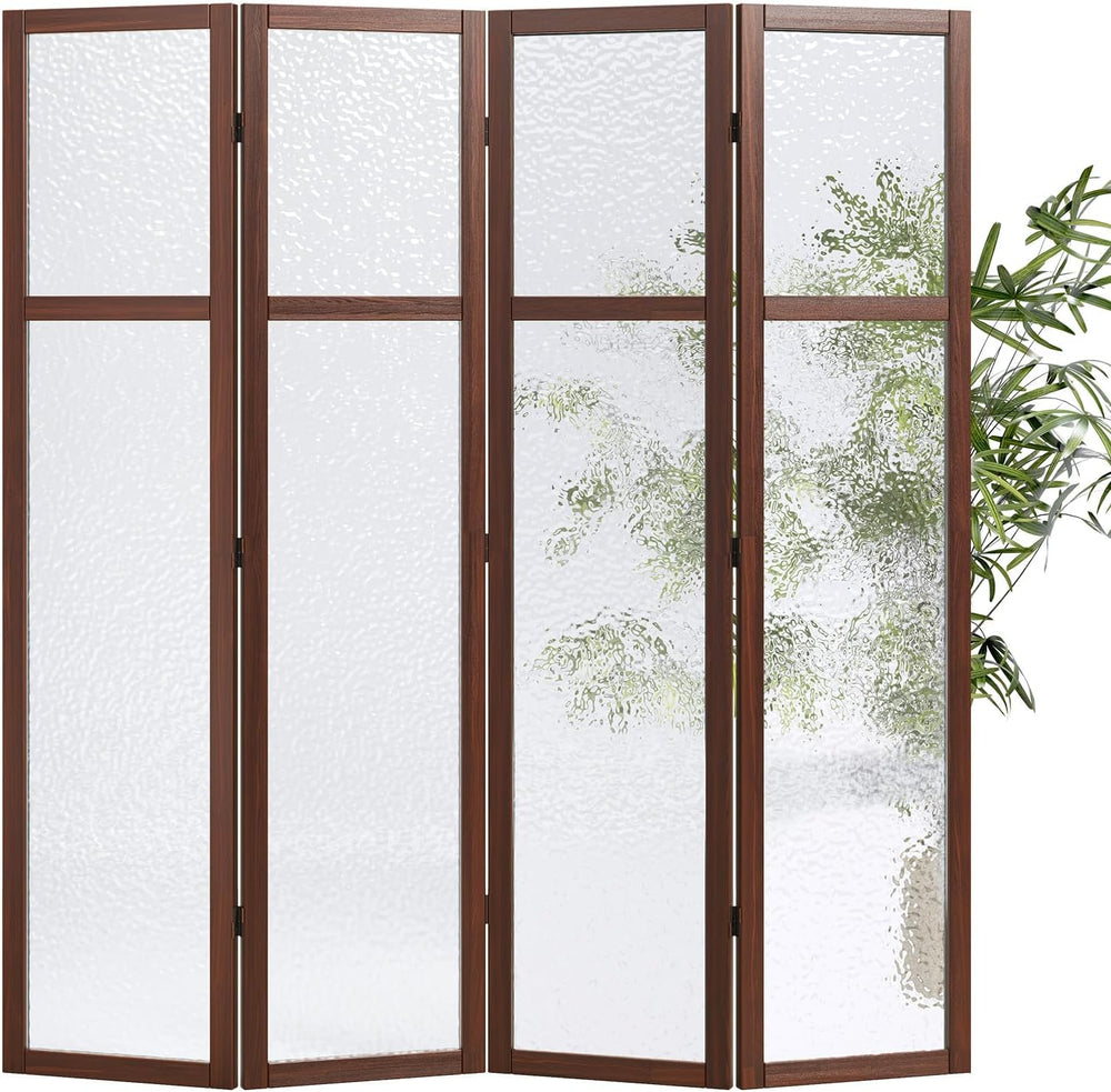 Svimi Acrylic Room Divider, Frosted 4-Panel Folding Screen, Walnut