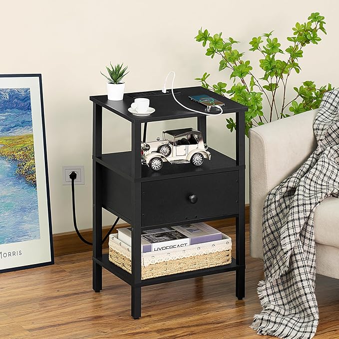 Lerliuo Nightstand with Charging Station and USB Ports, 3-Tier Storage End Ta...