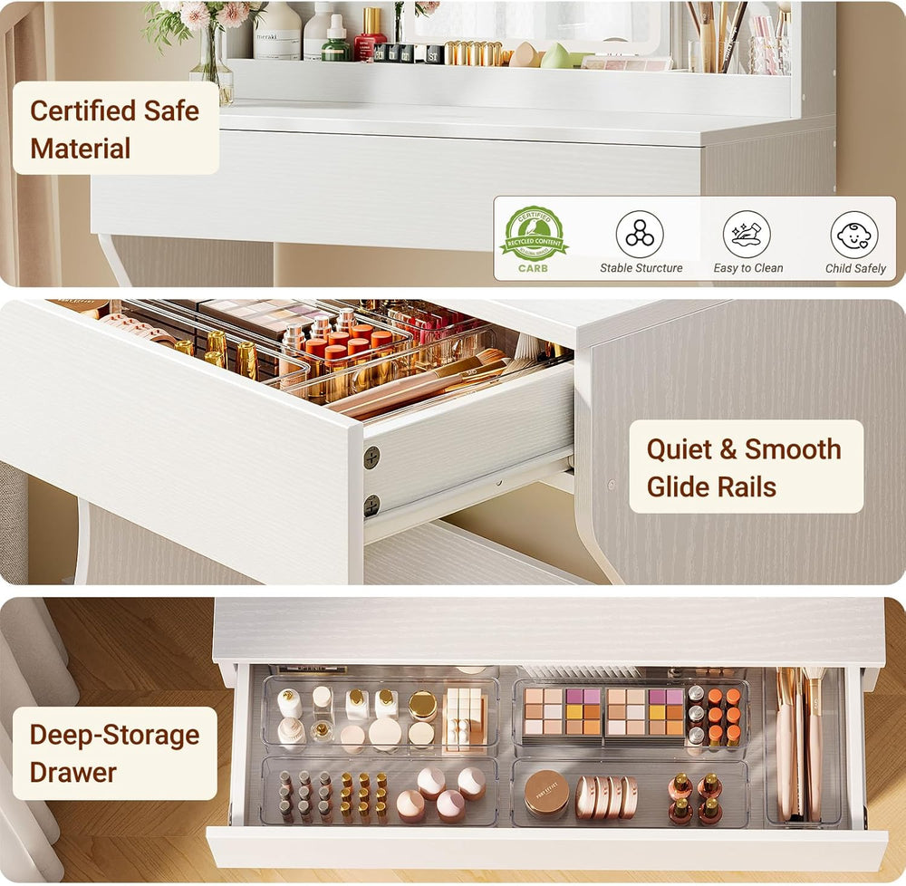 Driftalia White Small Vanity Desk with Mirror and 3 Color Adjustable Lights |...