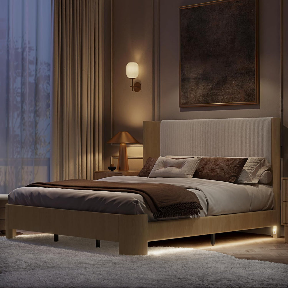 King Size Upholstered Platform Bed Frame with Wingback Headboard, Motion-Sens...