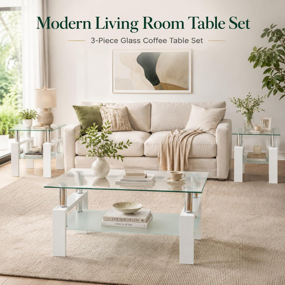 Meihua 3-Piece Glass Coffee Table Set, Center Table with 2 End Tables | Tempe...
