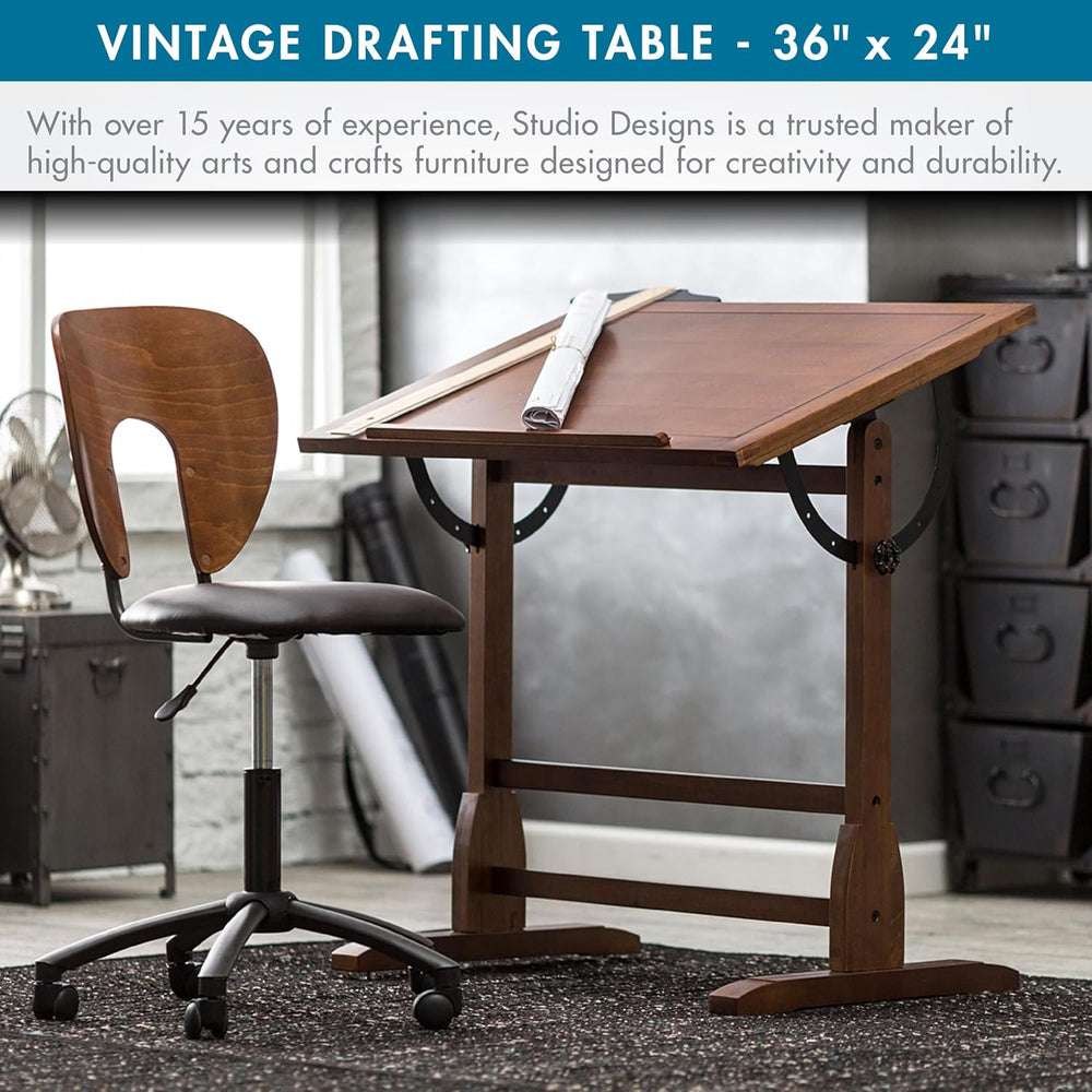 Studio Designs Vintage Rustic Oak Drafting Table, Top Adjustable Drafting Tab...