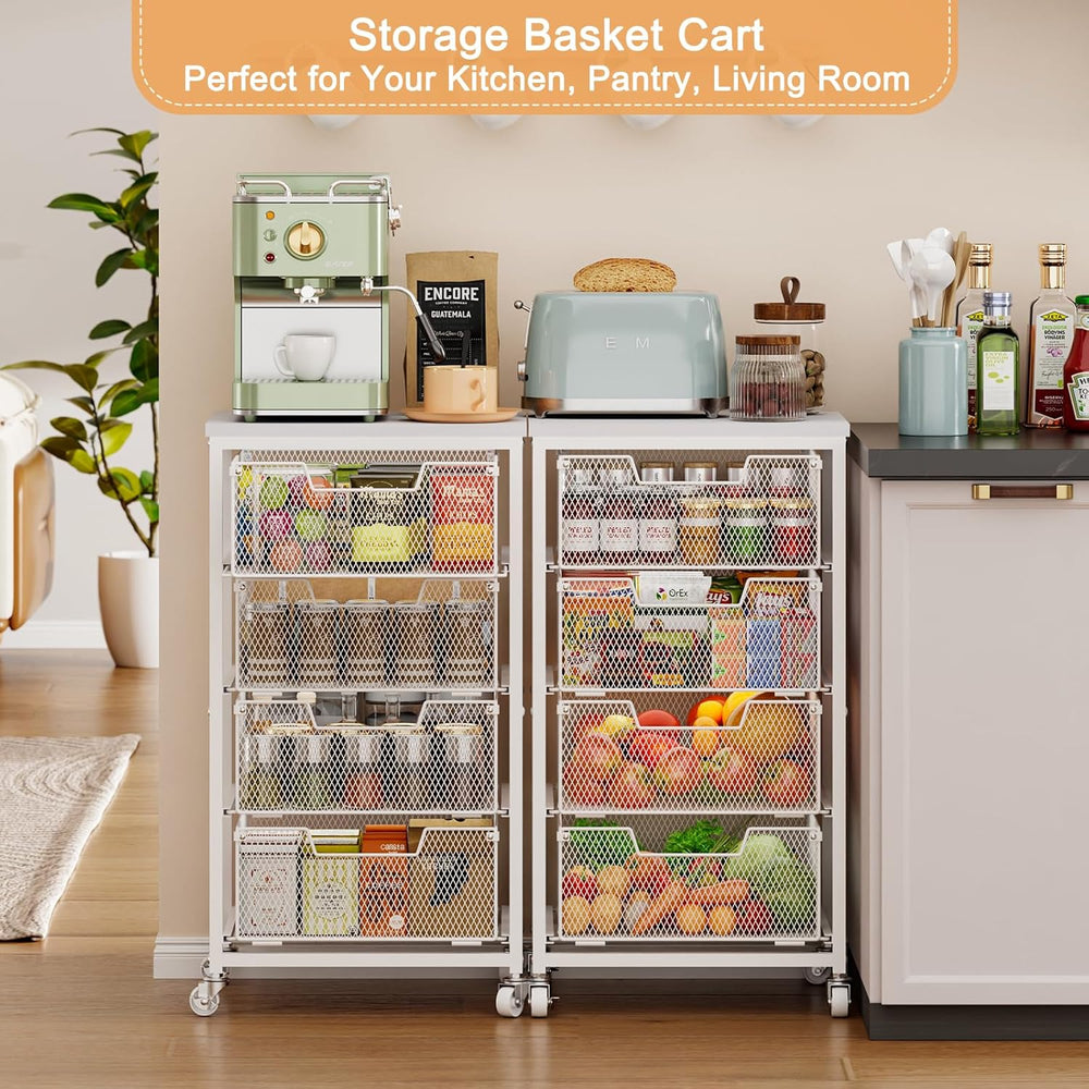 4-Tier Kitchen Storage Cart - Fruit Vegetable Storage Cart with Drawers, Wood...