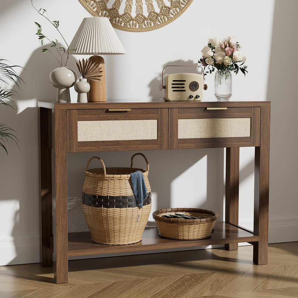 Boho Chic Console Table with 2 Rattan Drawers and Open Shelf Storage, Narrow ...