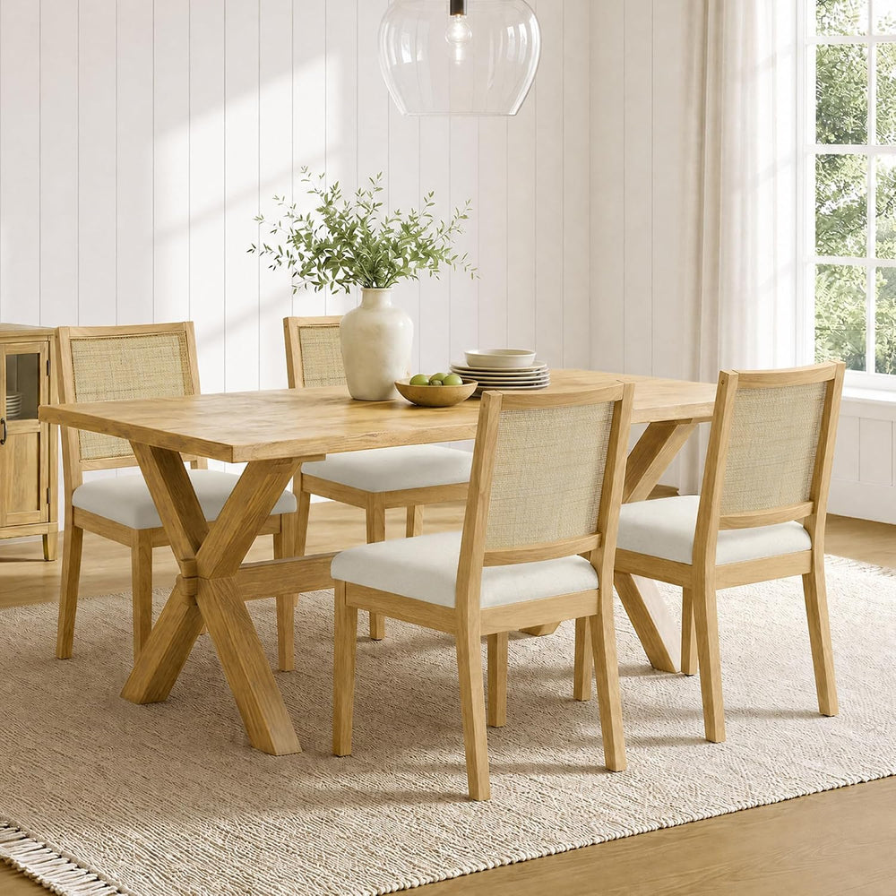 KISLOT Natural Rattan Dining Chairs Set of 6, Soild Wooden Chairs, Natural