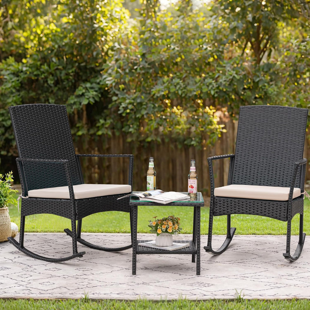 Flamaker Rocking Chair Outdoor PE Rattan Patio Chairs with Glass Table High B...