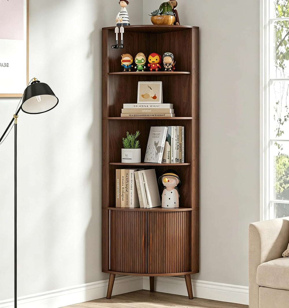 66'' Tall Corner Bookshelf with 2 Fluted Sliding Doors,Walnut