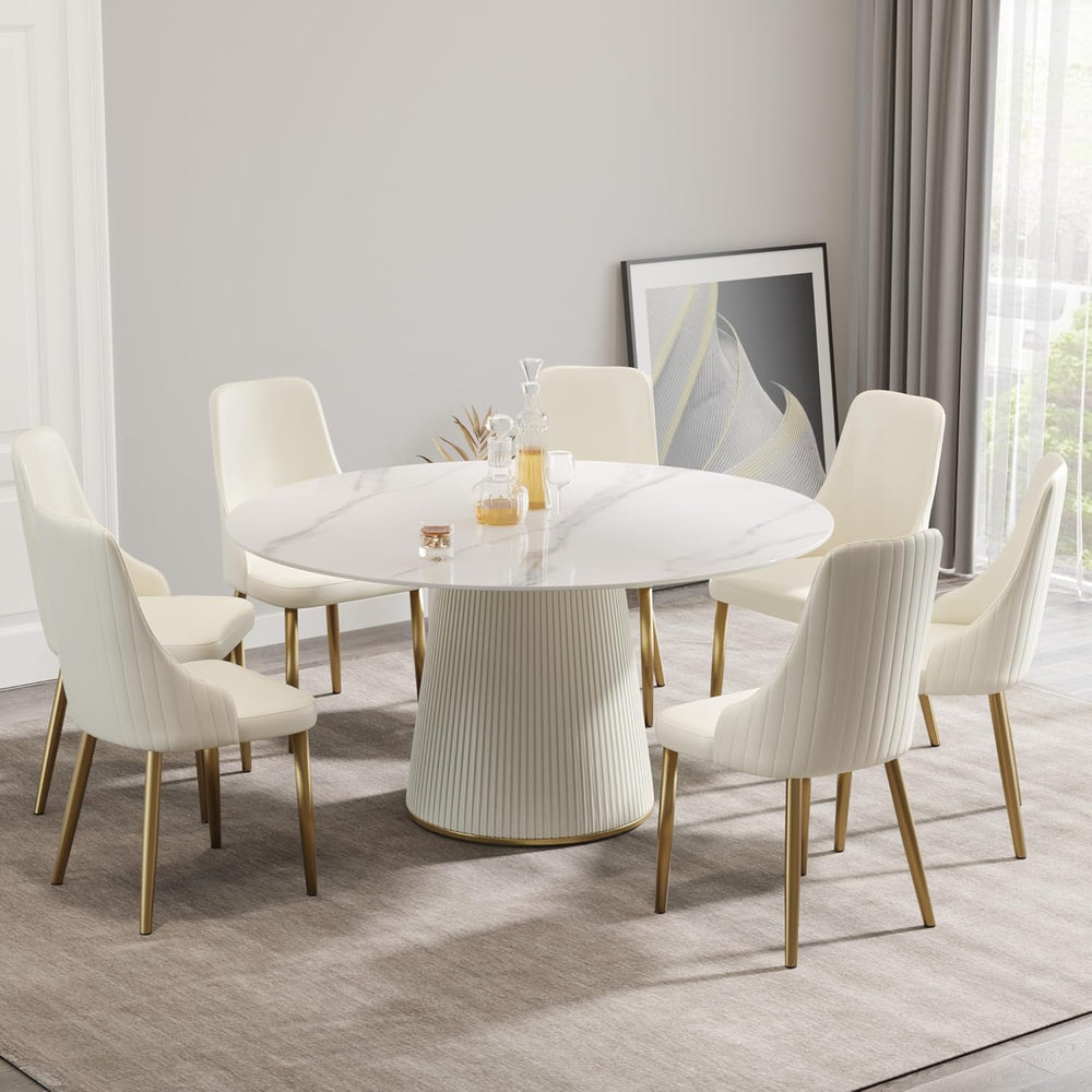 7-Piece Round Dining Table Set, 59" Faux Marble Kitchen Table Set for 6,...