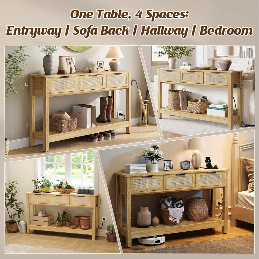 Luoxiao Entryway Table with Outlets & USB-C, 3 Drawers Rattan Console Tab...