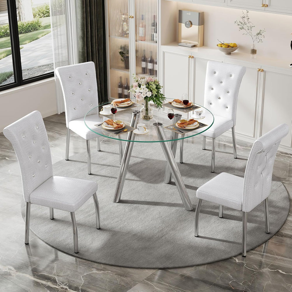 35" Round Dining Table for 4, Modern Round Glass Dining Table with Metal...