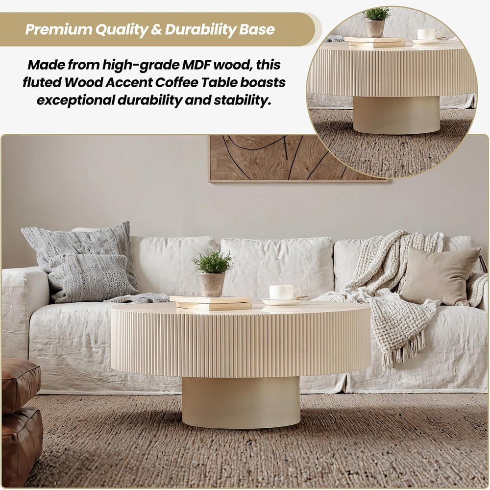 Round Drum Coffee Table with Sturdy Pedestal, Modern Wooden Fluted Coffee Tab...