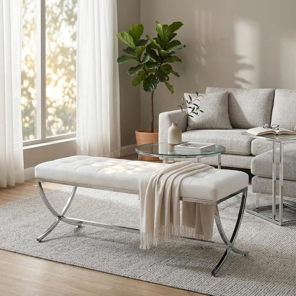 LukeAlon Modern PU Leather Dining Bench, White | Button Tufted Ottoman Bench,...