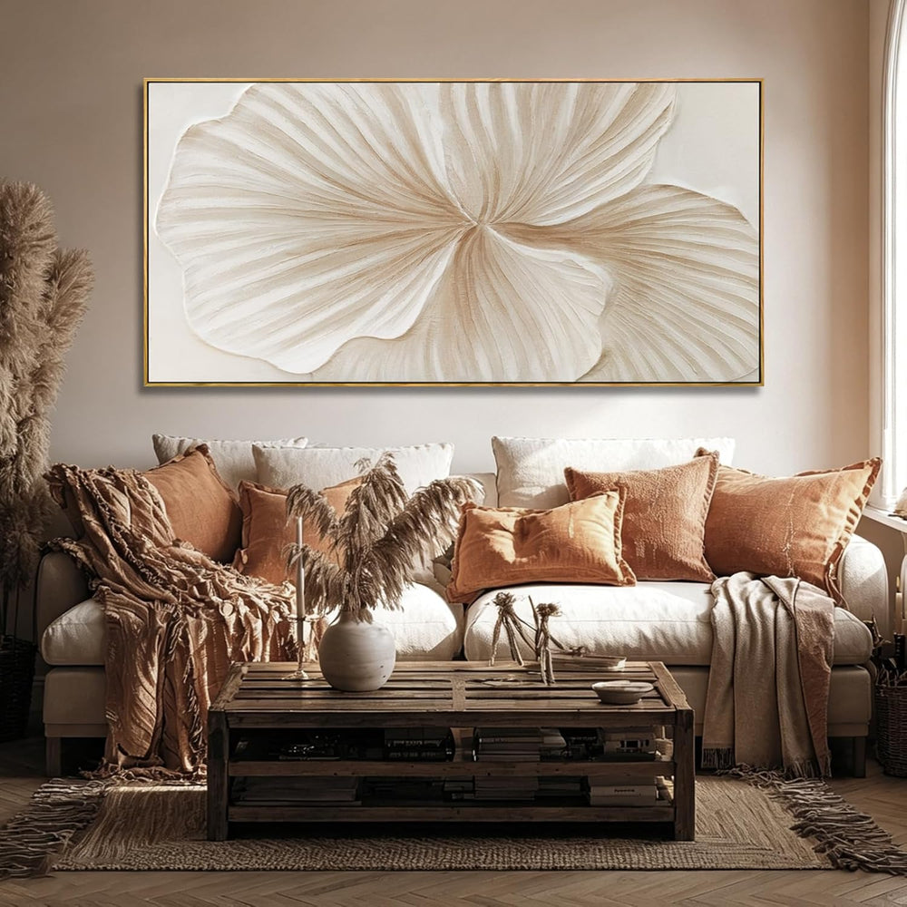Framed White Abstract Floral Canvas Wall Art for Living Room 24x48 Inch