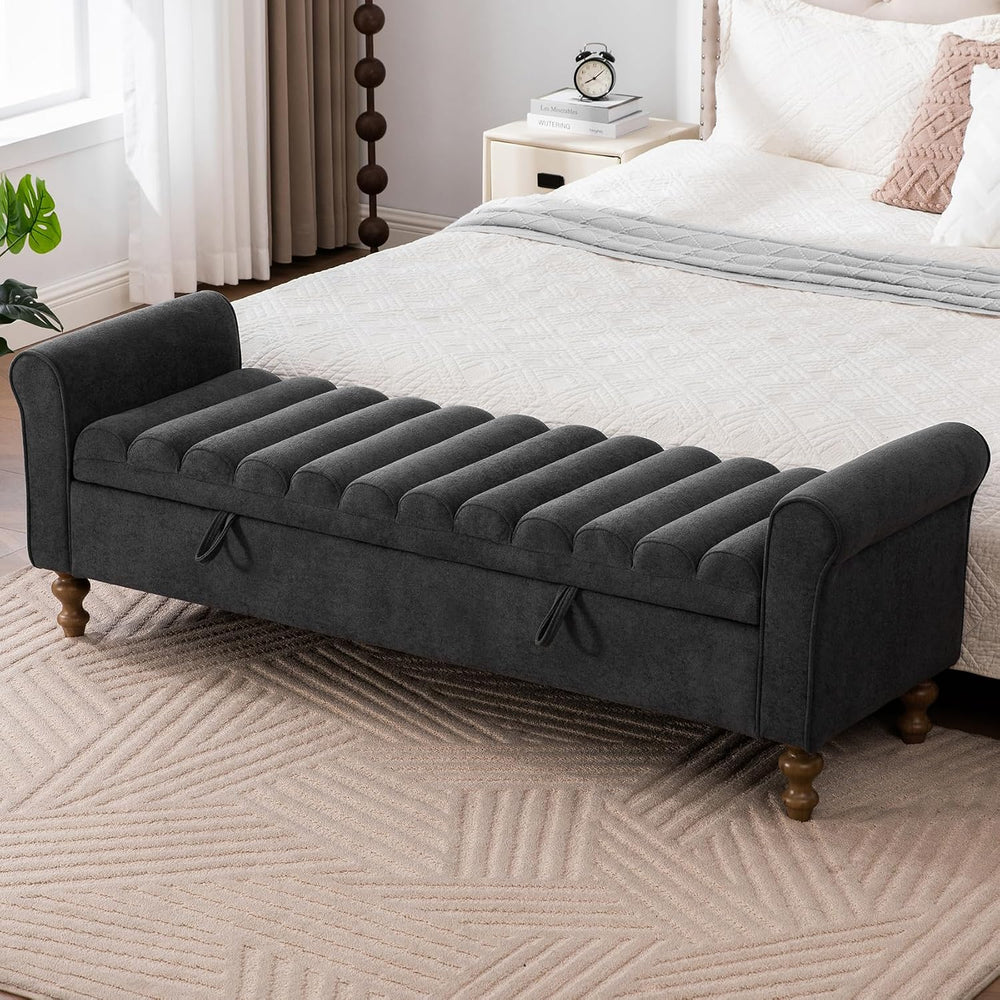 65" Bench with Storage, End of Bed Bench with Rolled Arms, Upholstered B...