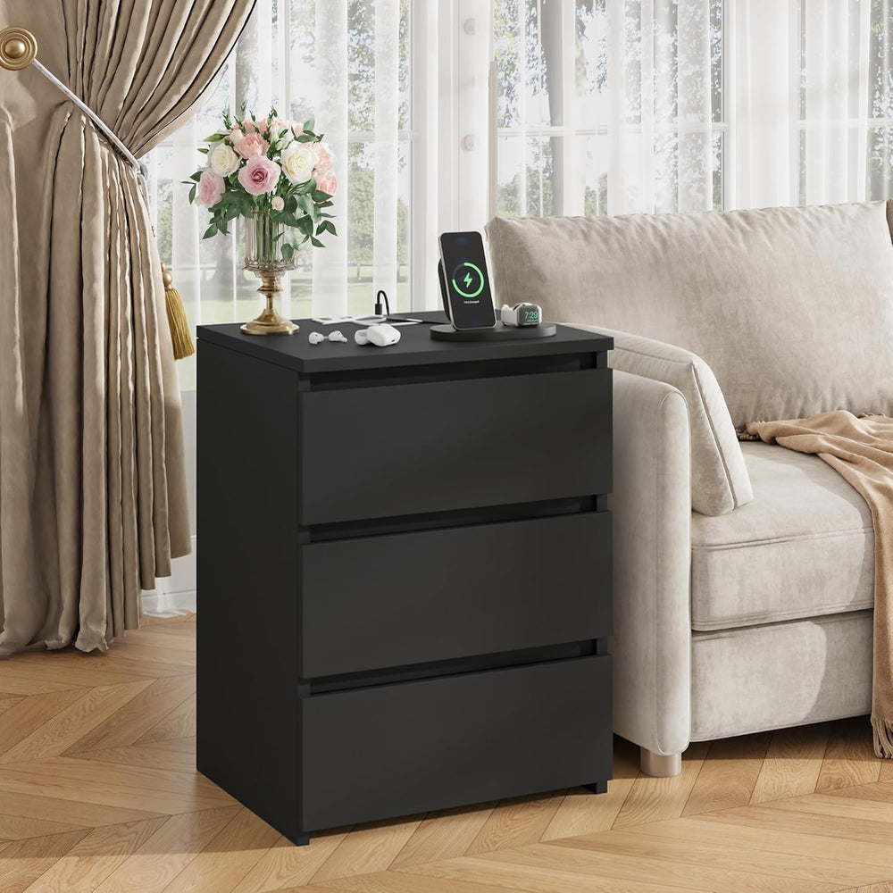 FOTOSOK Nightstands Set of 2, Black Nightstand with Charging Station