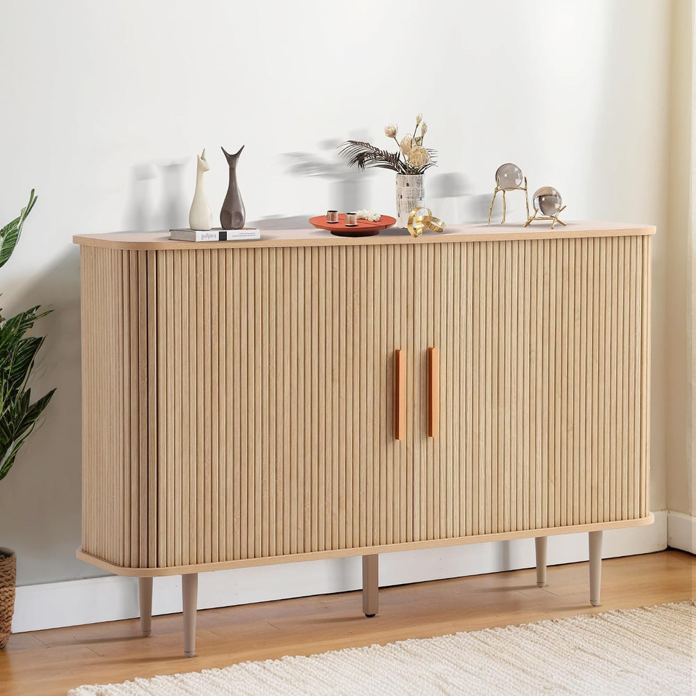 Grepatio 47" Sideboard Buffer Cabinet with Fluted Slide Doors, Tambour S...