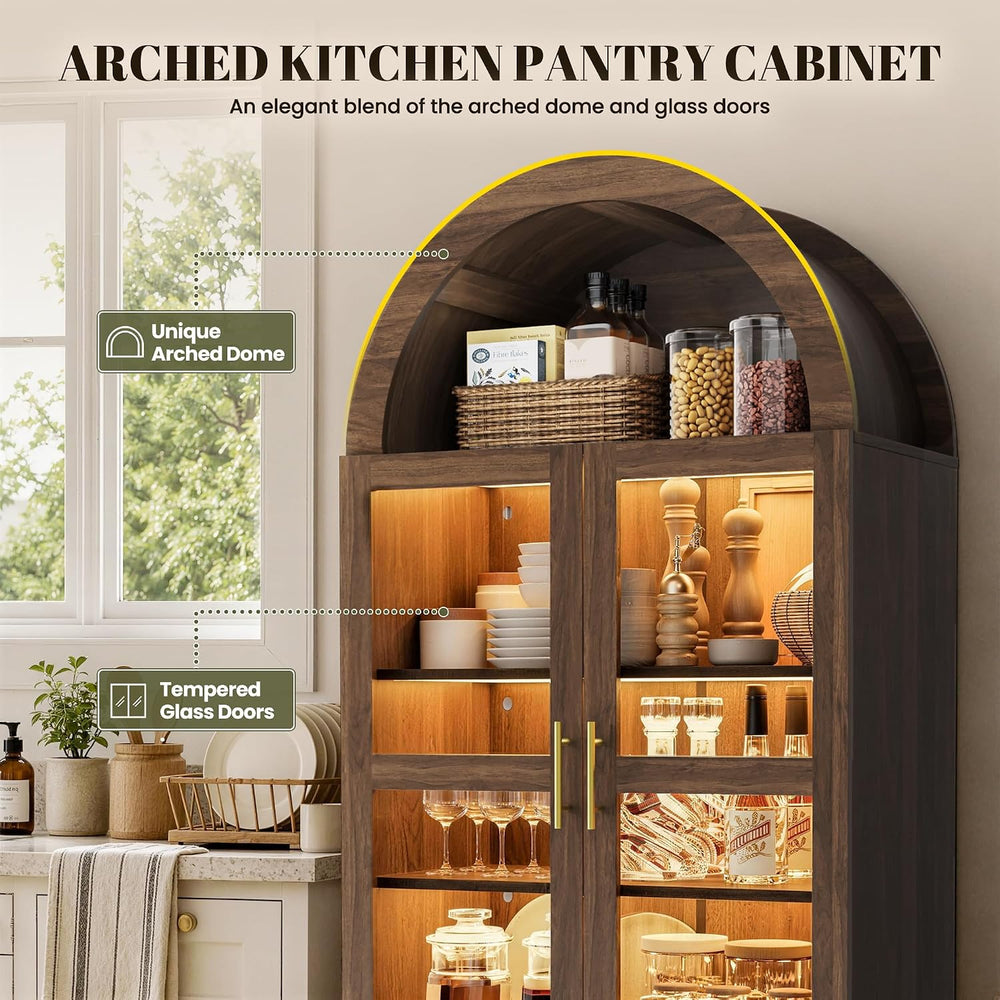 71" Tall Arched Kitchen Pantry Cabinet with LED Light, Modern Farmhouse ...