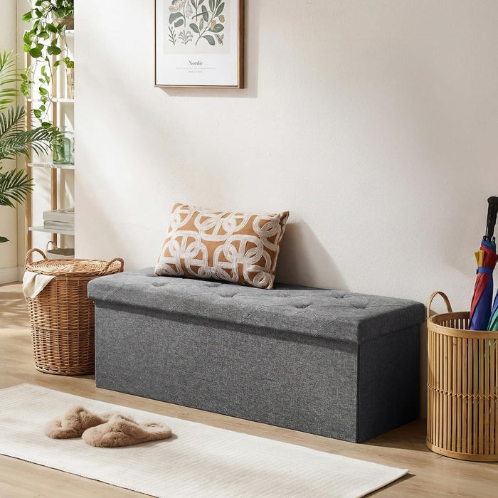DUMOS 43 Inch Folding Storage Ottoman Bench, Upholstered Ottoman with Storage Holds 660 lbs, End of Bed Foot Rest Stool for Bedroom, Living Room, Entryway, Linen Fabric, Grey