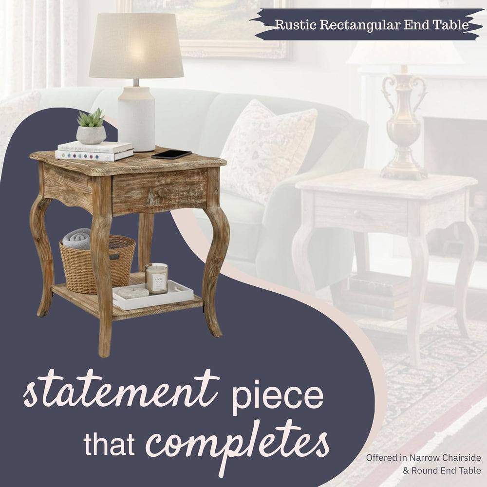 Austerity 20-Inch Rectangular Rustic Solid Wood End Table with Drawer and She...